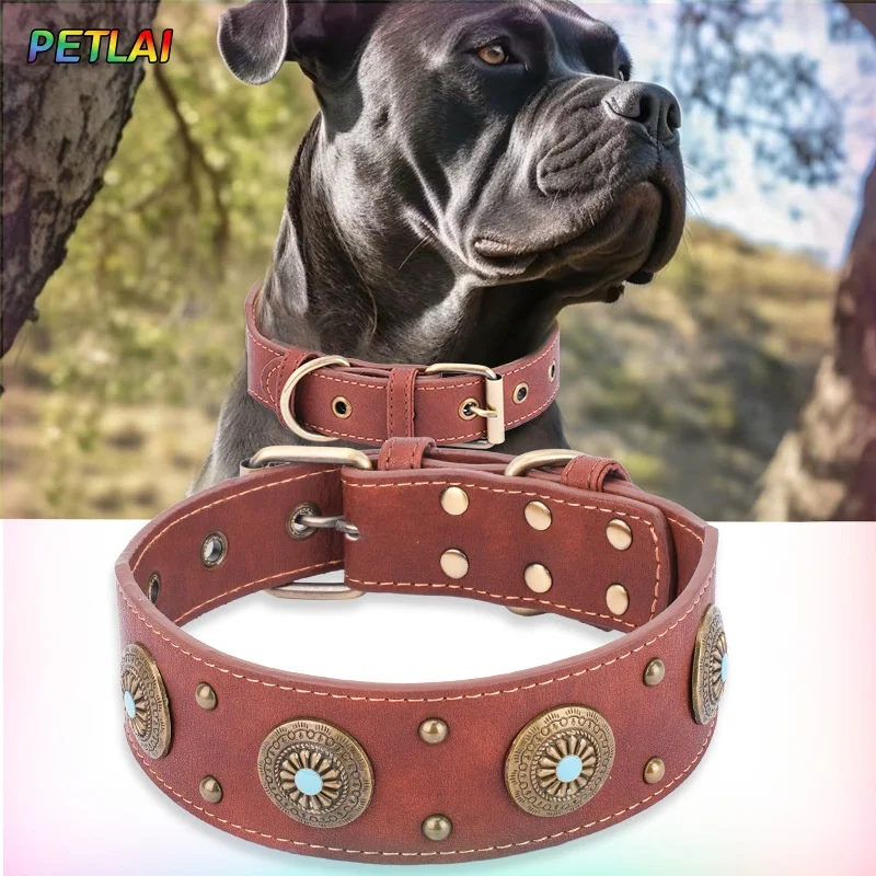 

Dog collar retro design leather dog collar for medium large dogs pet High-end retro Leather necklace French Bulldog collar