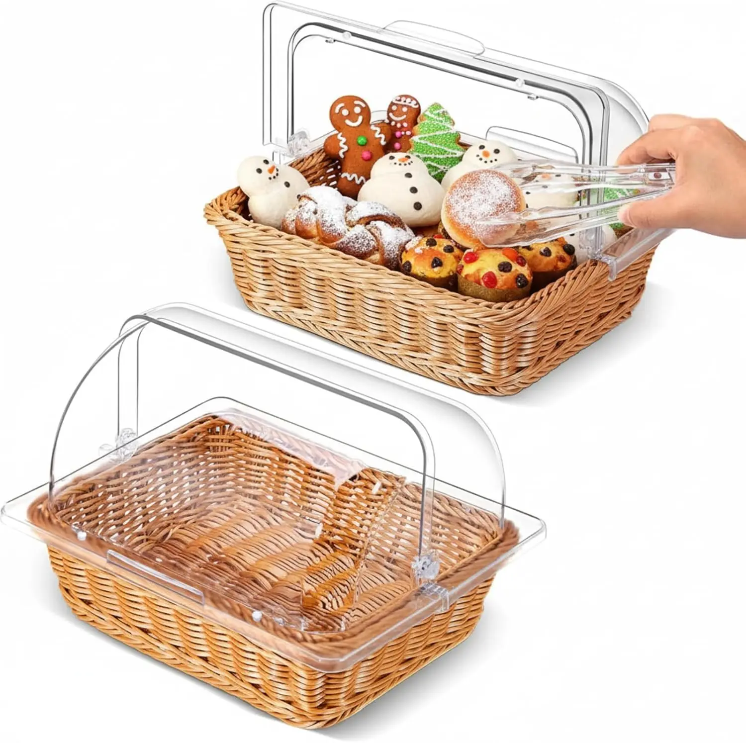 

2 Set Clear Acrylic Roll Top Lid Woven Wicker Bread Baskets for Serving, Large Size for Parties (13.78 x 10.63 Inch)