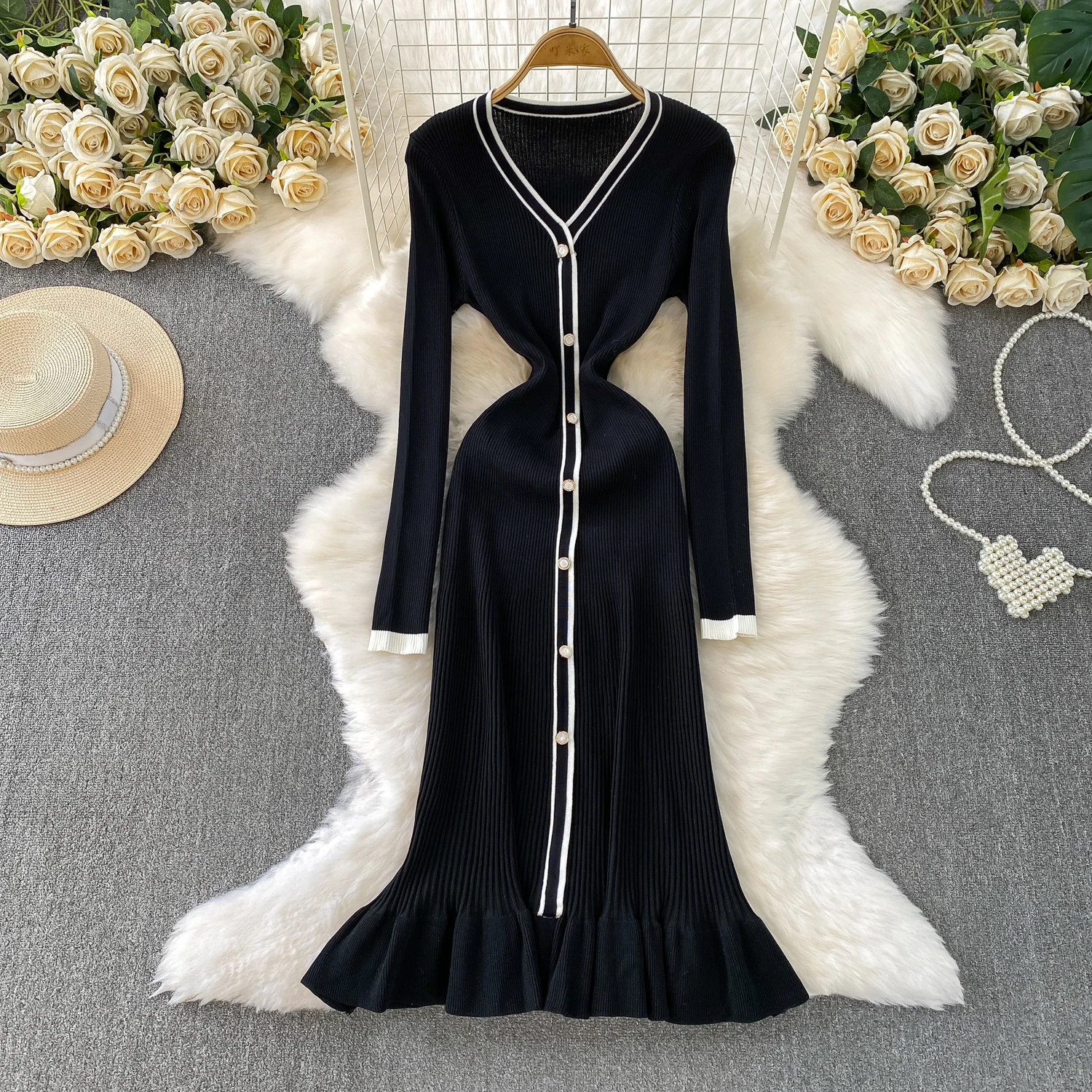 Realeft outono inverno único breasted feminino de malha vestidos longos manga longa com decote em v casual solto coreano sereia vestido feminino