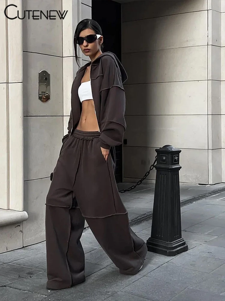 Cutenew Casual Sporty Women Matching 2 Piece Set Concise Zip-up Hood Coats+Elastic Waist Straight Pants Female Basic Tracksuits