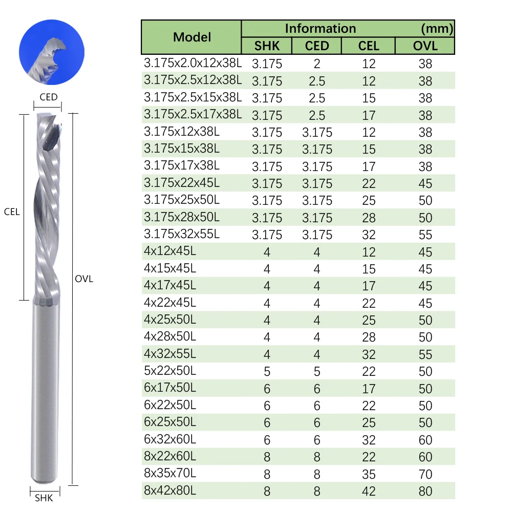 10Pcs 3.175 4 5 6 8 10mm AAA Class UP &DOWN Cut single one 1 Flute Spiral Carbide Mill Tool Cutters for CNC Router