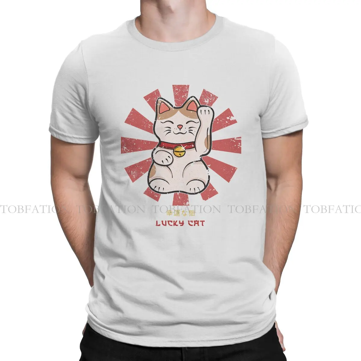 Retro Japanese Essential Fashion TShirts Lucky Cat Men Style Pure Cotton Streetwear T Shirt Round Neck Oversized