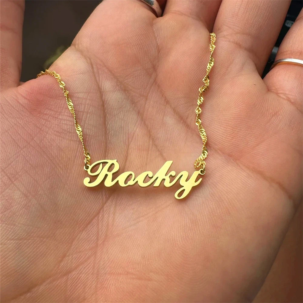 Water Wave Chain Name Necklace Personalized Jewelry Custom Cursive Font Nameplate Necklaces for Women Men Christmas Gift Choker