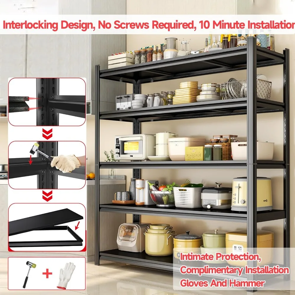 頑丈な5段メタルキッチンシェルフ、収納用、耐荷重2000ポンド、パントリーオーガナイザーラック、省スペースソリューション