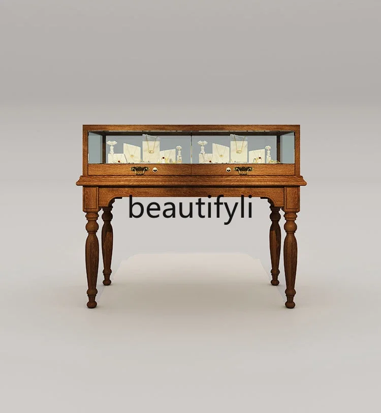 

S1S Jewelry glass Zhongdao display cabinet retro solid wood paint cabinet high-end museum display cabinet customization