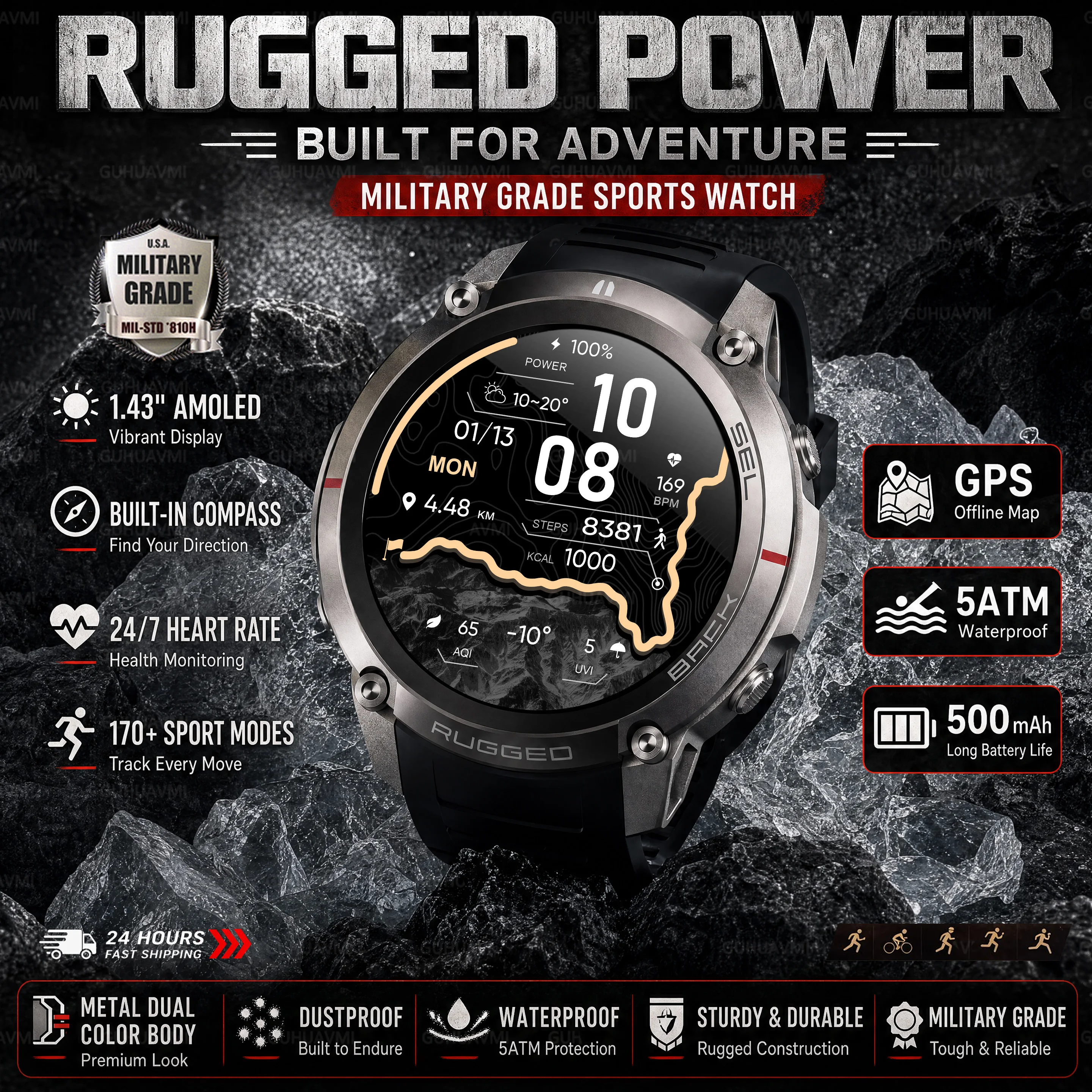 2026New Military GPS SmartWatch Offline Map 5ATM Swim true AMOLED Screen Always display the time Call Smartwatch Men GPS tracke