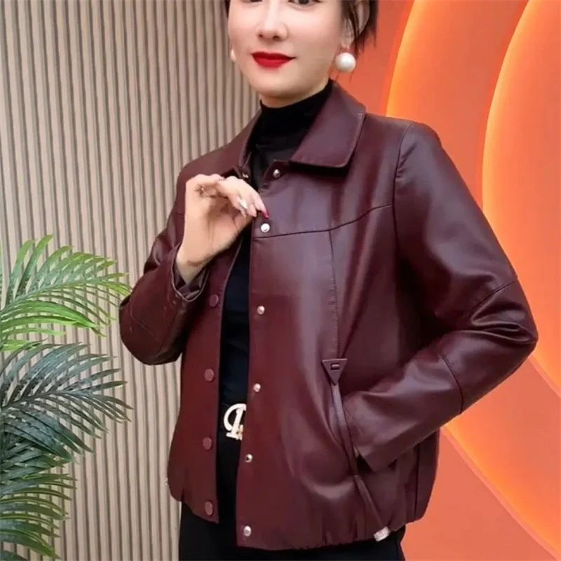 New 2026 Spring Autumn Leather Coat Ankela Red Short Leather Jacket Women's Korean Edition Versatile Casual Female Outerwear