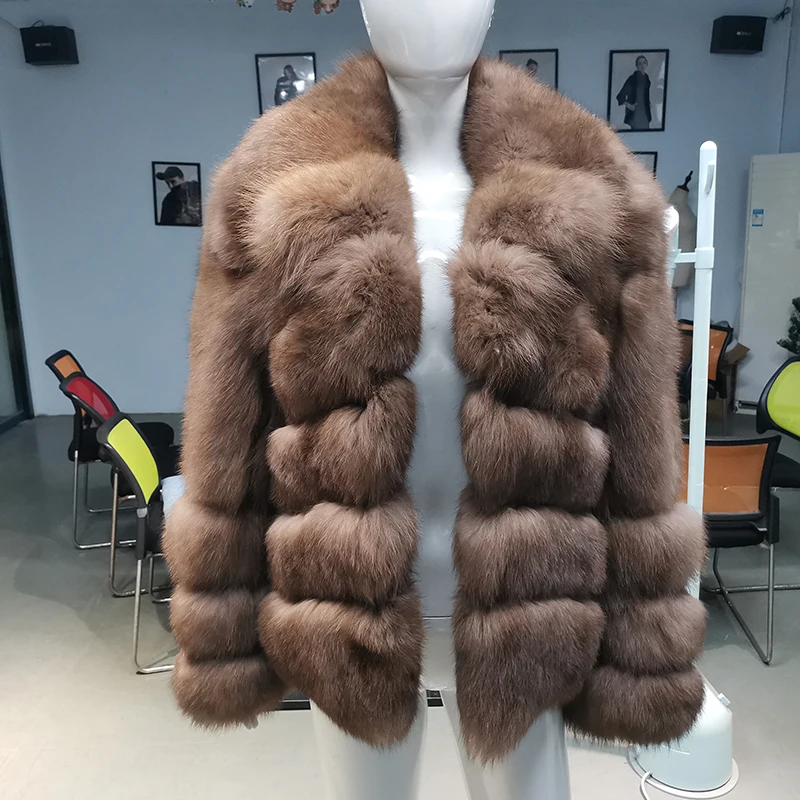 Sable Color Natural Fox Fur Jacket Women Spring Luxury Warm Outertwear Long Sleeve Lapel Genuine Real Fur Coat Lady Topfur