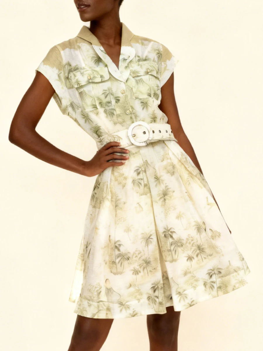 เดรสพิมพ์ลาย VGH น่ารัก สไตล์สดใส ช่วยพรางหุ่น สำหรับผู้หญิง คอวี แขนสั้น เอวสูง แต่งเข็มขัด ดีไซน์ต่อผ้า สไตล์หรูหรา สำหรับฤดูใบไม้ผลิ รุ่นใหม่