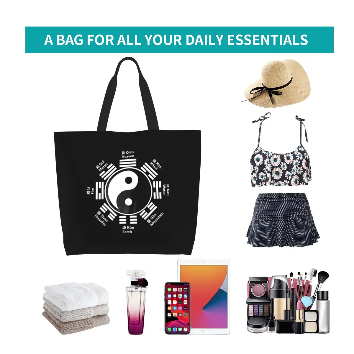 يين يانغ رمز تاي تشي باغوا فنغ شوي هدية الصينية زن الأساسية حقيبة تسوق حقيبة قماش حقيبة كتف المتسوق البقالة حقيبة يد