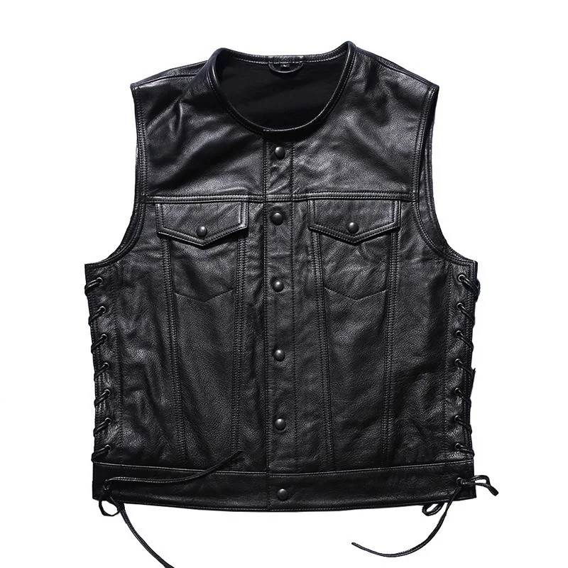 

2024 New Spring Men Geniune Cowhide Leather Coats Fashion Casual Black Motorcycle Fleet Punk Vest Jackets Drawstring Hem Vests