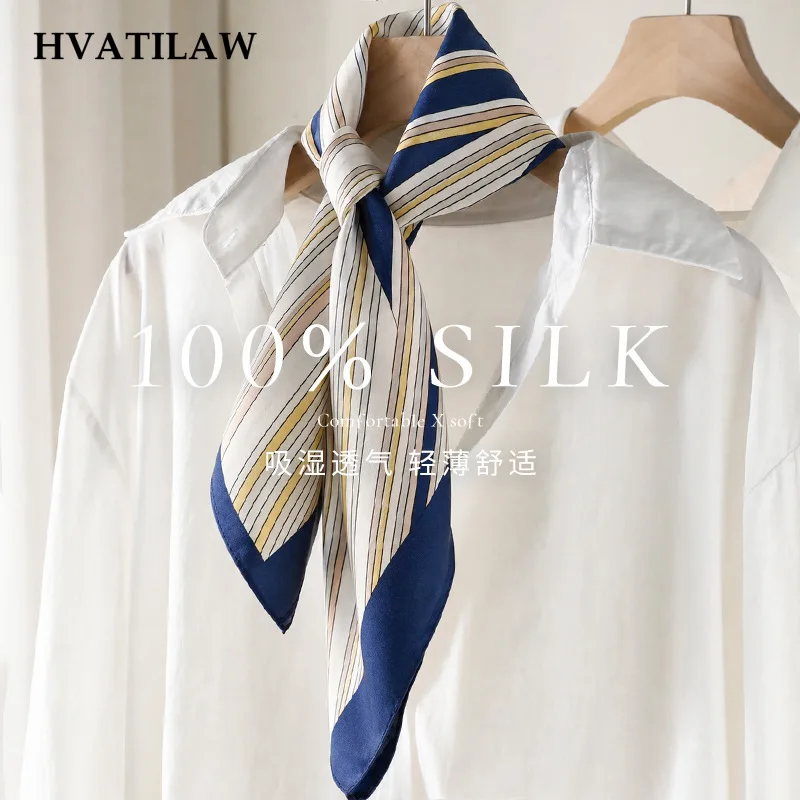 2026 65x65cm 100% Mulberry Silk Striped Scarf for Women Yellow White Print Bandana Hair Scarf Soft Lightweight Head Scarf Wrap