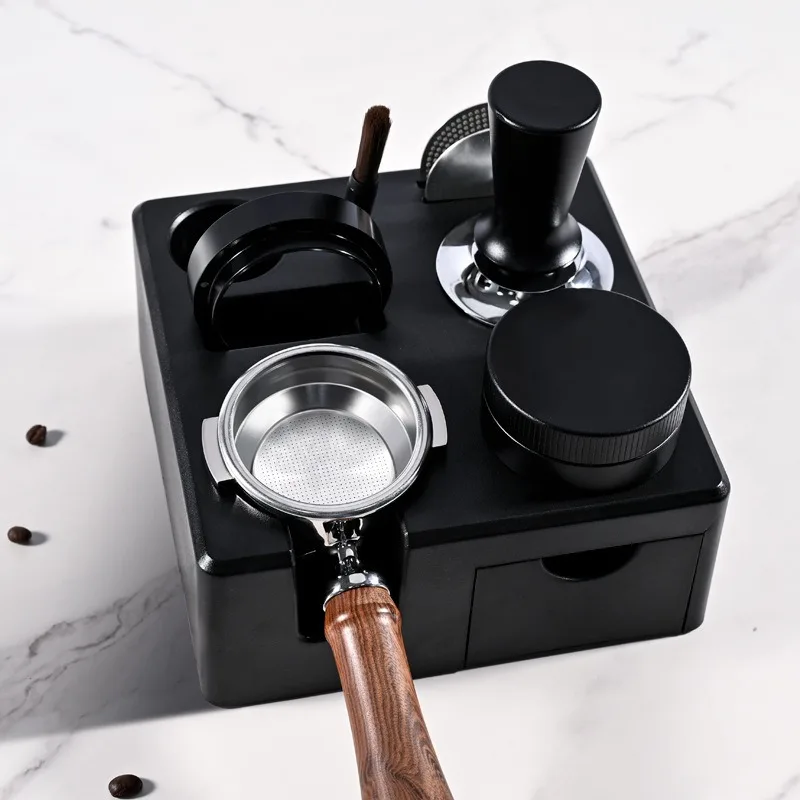 Black Espresso Tamping Station with Drawer for 51mm 53mm 58mm Coffee Tamper, Adjustable Height, Stainless Steel