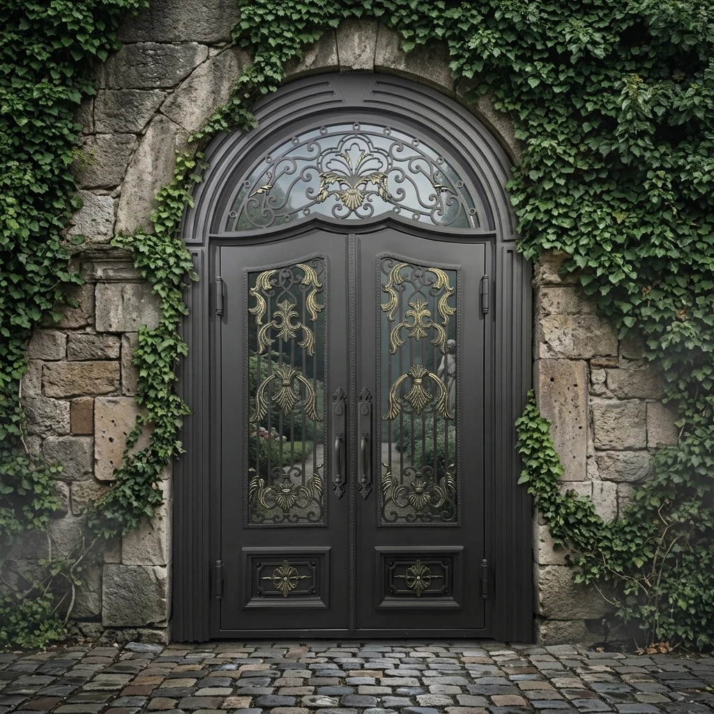 Custom French Style Wrought Iron Double Panels Door with Stainless Steel Screen Water Resistant Villa Entrance