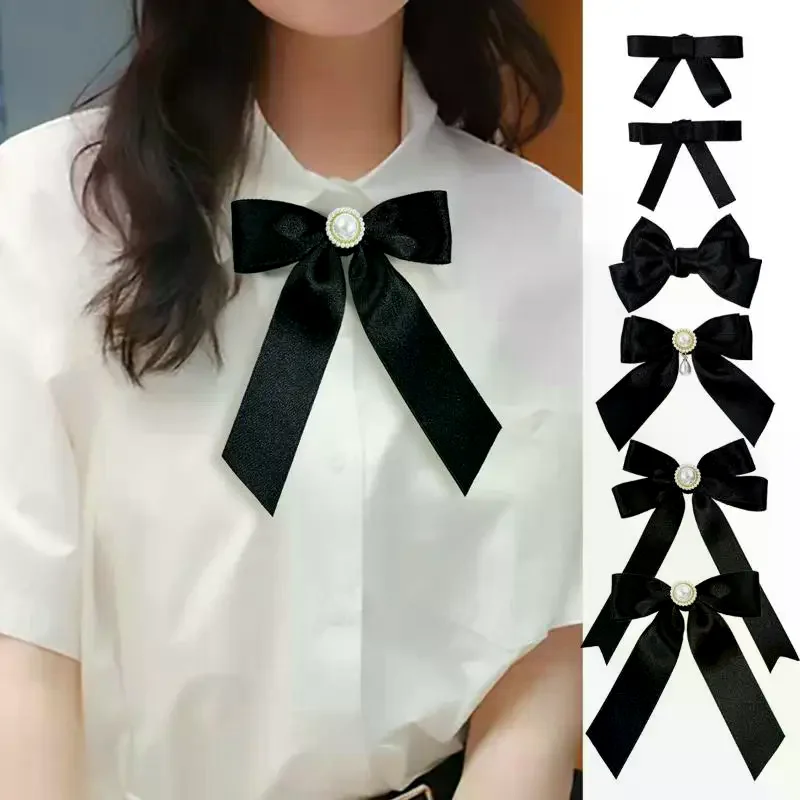 Black Ribbon Bow Pearl Brooch For Women Versatile Shirt Collar Pins Clothing Decoration Ribbon Tie Jewelry Accessories Gifts