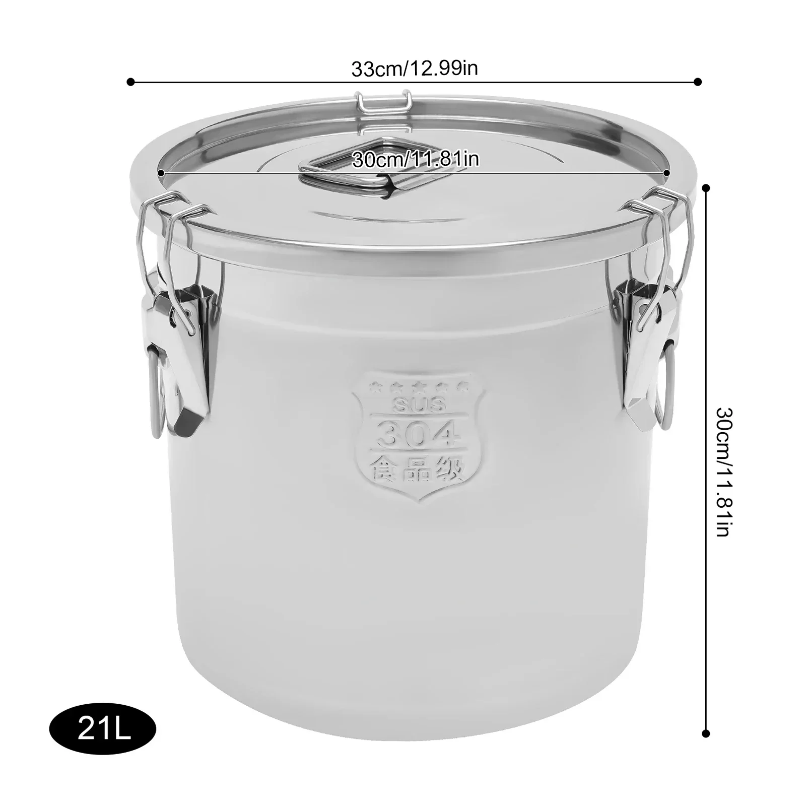 

21L Bucket with Lid, Food Airtight Canister, Stainless Steel Kitchen Grain Container w/ Lid & Locking Clamp, Flour Container