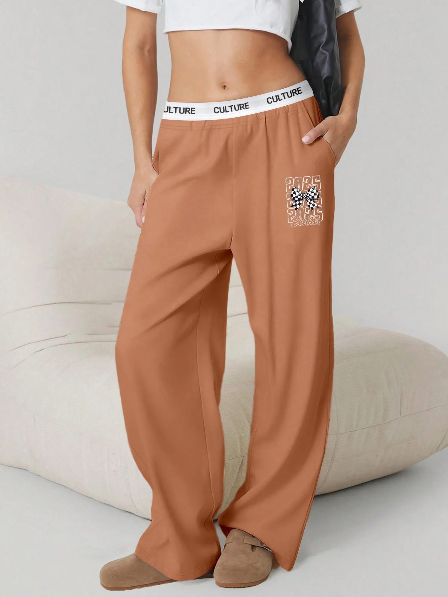 

Checkered Bow Senior 2025 Print Women Cotton Wide Leg Sweatpants Elastic Waist Loose Grad Daily Trousers