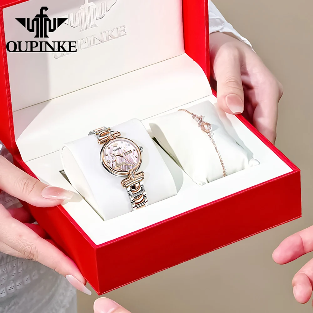 OUPINKE 3180 Watches For Woman Luxury Elegant Automatic Mechanical Watch Deer Dial Stainless Steel Week Date Watch Gift Box