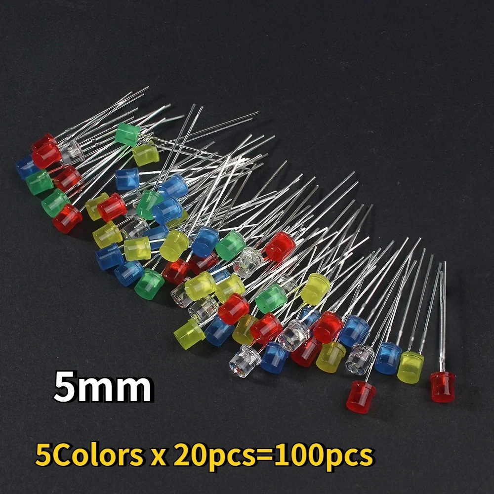 100pcs 5mm Flat Top LED Diode 5Colors F5 Bulb Lamps Red Yellow Blue Green White Light Emitting Diodes Kit