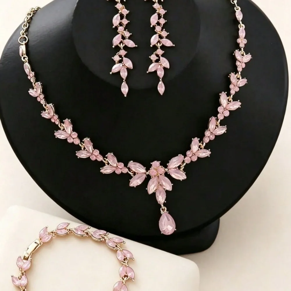 Pink Marquise Pear Zircon Jewelry Set, Floral Necklace Earrings Bracelet 3Pcs Bridal Wedding Banquet Women Jewelry 2026 Hot Sale