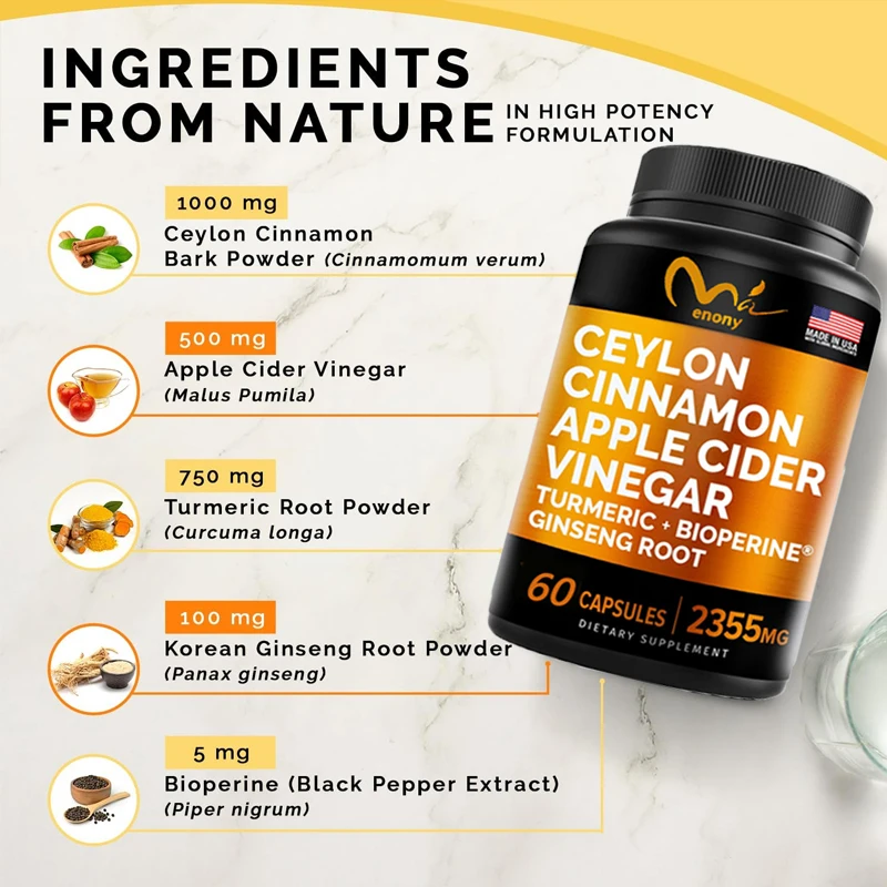 5-in-1Ceylon Cinnamon 60 capsules 2355 milligrams containing apple cider vinegar,turmeric,and ginseng Cinnamon containing pepper