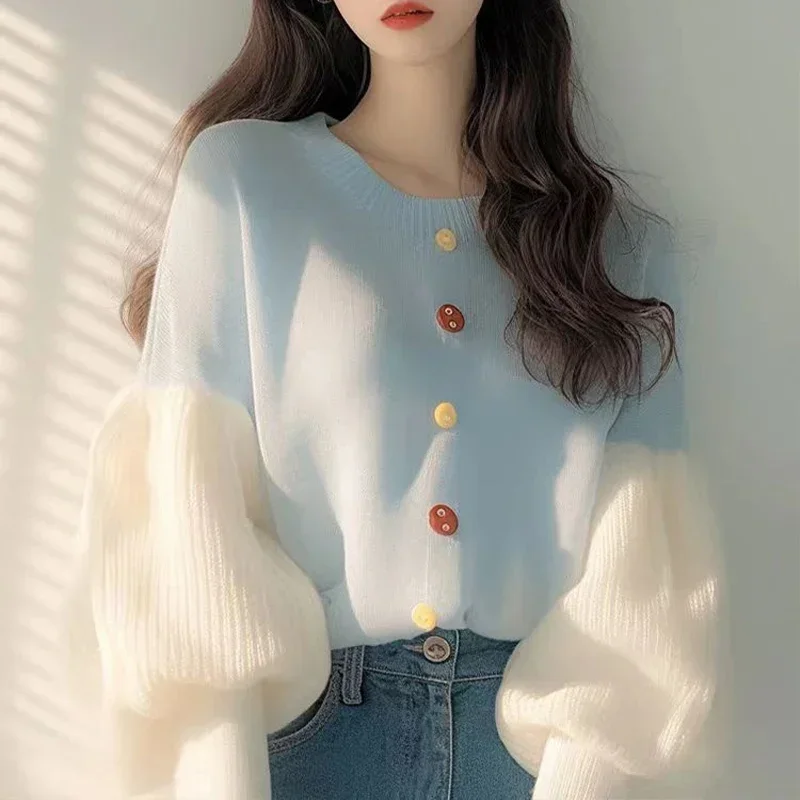 

Western-style Beautiful Blue Patchwork Lantern Sleeves Knitted Sweater Jacket for Women's Spring Autumn Casual Sweater Top ZT428
