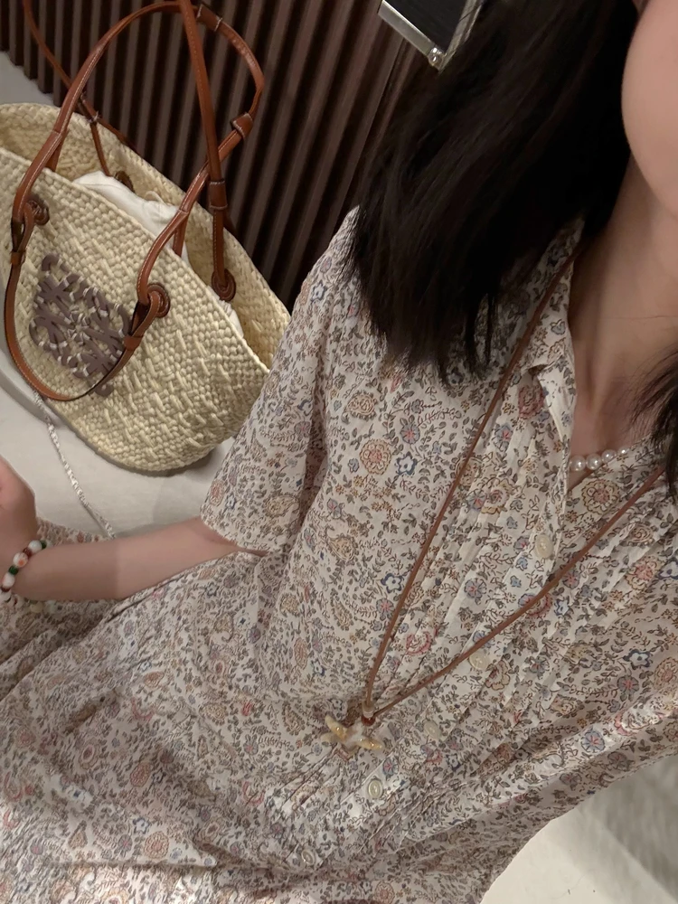 High-End Floral Print Women's Dr Ele High Waist A-Line Skirt ort Sve  Collar Single Button Ci Commute Dr