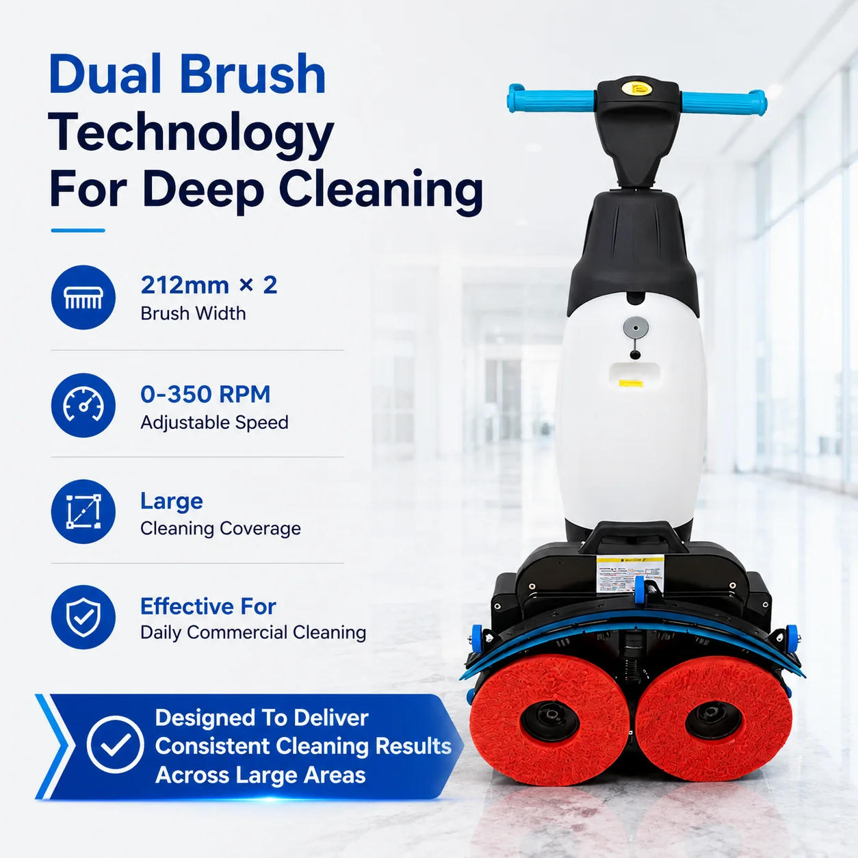 18.5kg Lightweight Compact Walk Behind Floor Scrubber Cordless Dual Brush Upright Floor Cleaner Machine for Commercial Use
