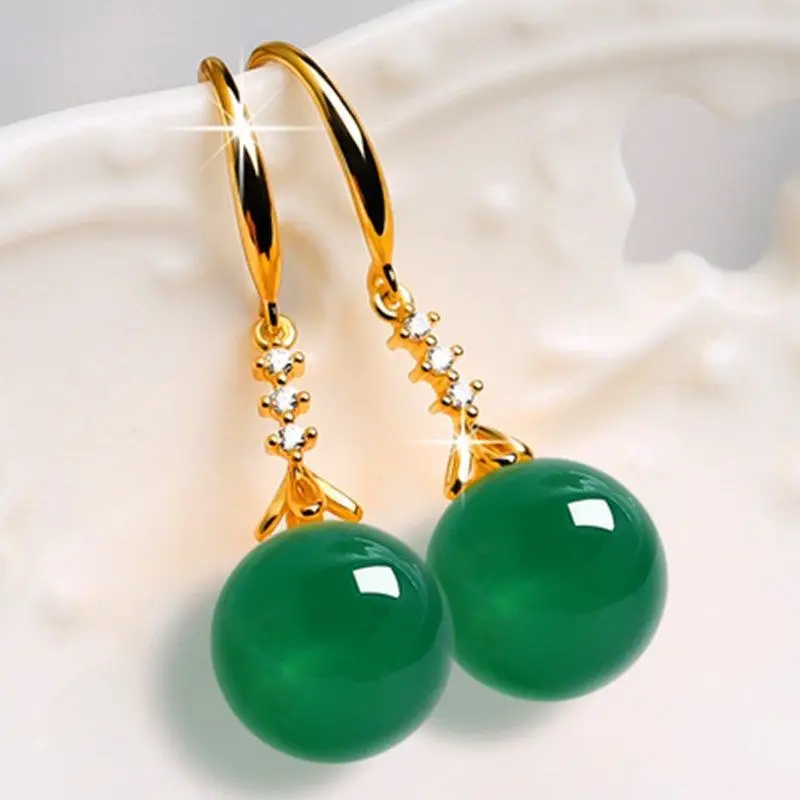 New natural agate earrings female temperament chalcedony green agate earrings net red new emerald long earrings anti-gem earring