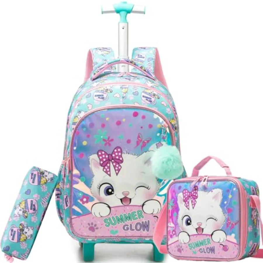 

Rolling Backpack for 8-12 Girls Rolling Backpack Trolley School Bag with Wheels Roller Backpacks for Girls Cute Cat Bookbag wit