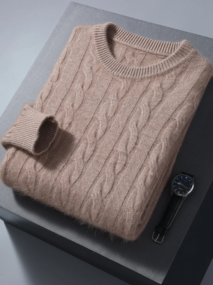 Autumn Winter Men Round Neck Cashmere Sweater Cable Knitting Smart Casual Pullover 100% Mink Cashmere Knitwear High Quality Top