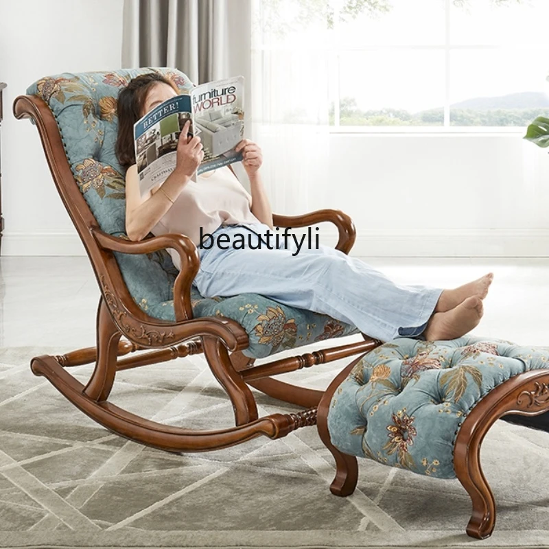 

American rocking chair leather solid wood, retro European style, balcony home leisure, sofa chair