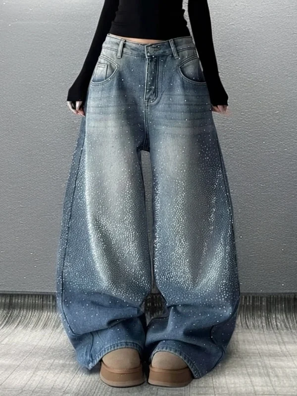 

Весенние женские джинсы с высокой талией, широкими штанинами, блестящие, повседневные, с множеством карманов, из плотного денима, с крупными стразами