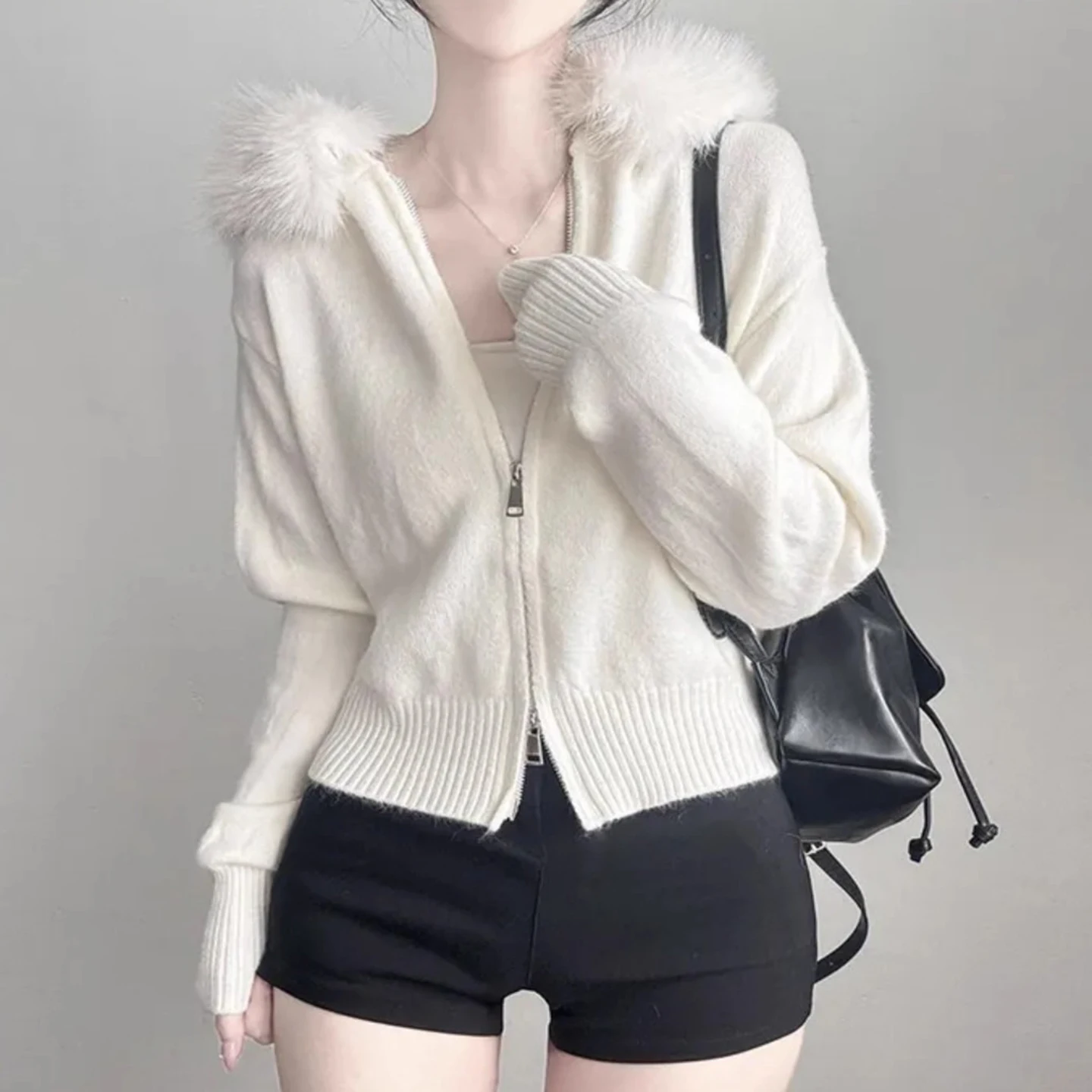 

Ladies' Lazy Sle Knitted Hooded Double Zipper Large Fur Collar Sweater Winter New Pure Color Soft Cozy Cardigan Outerwear