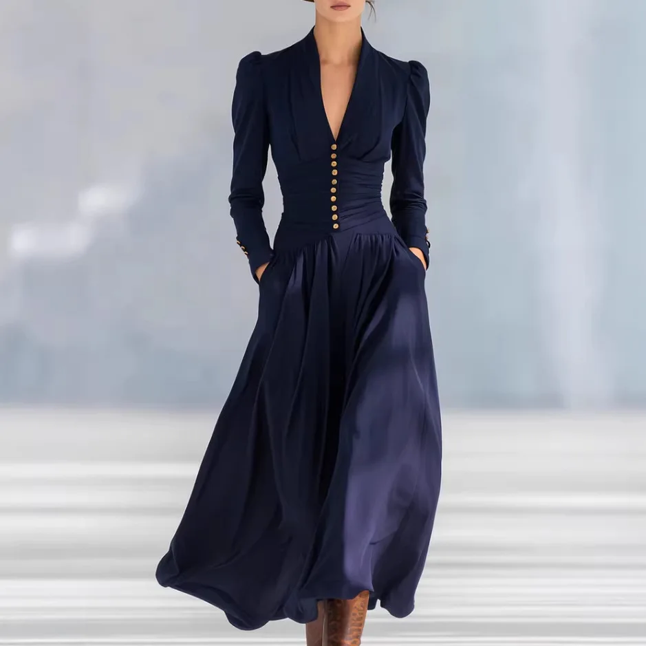 

V-neck Long-sleeved Commuter Spliced ​​hem Elegant Dress Womens New Solid Color Pocket Park Outdoor Camping Walking Casual Dress