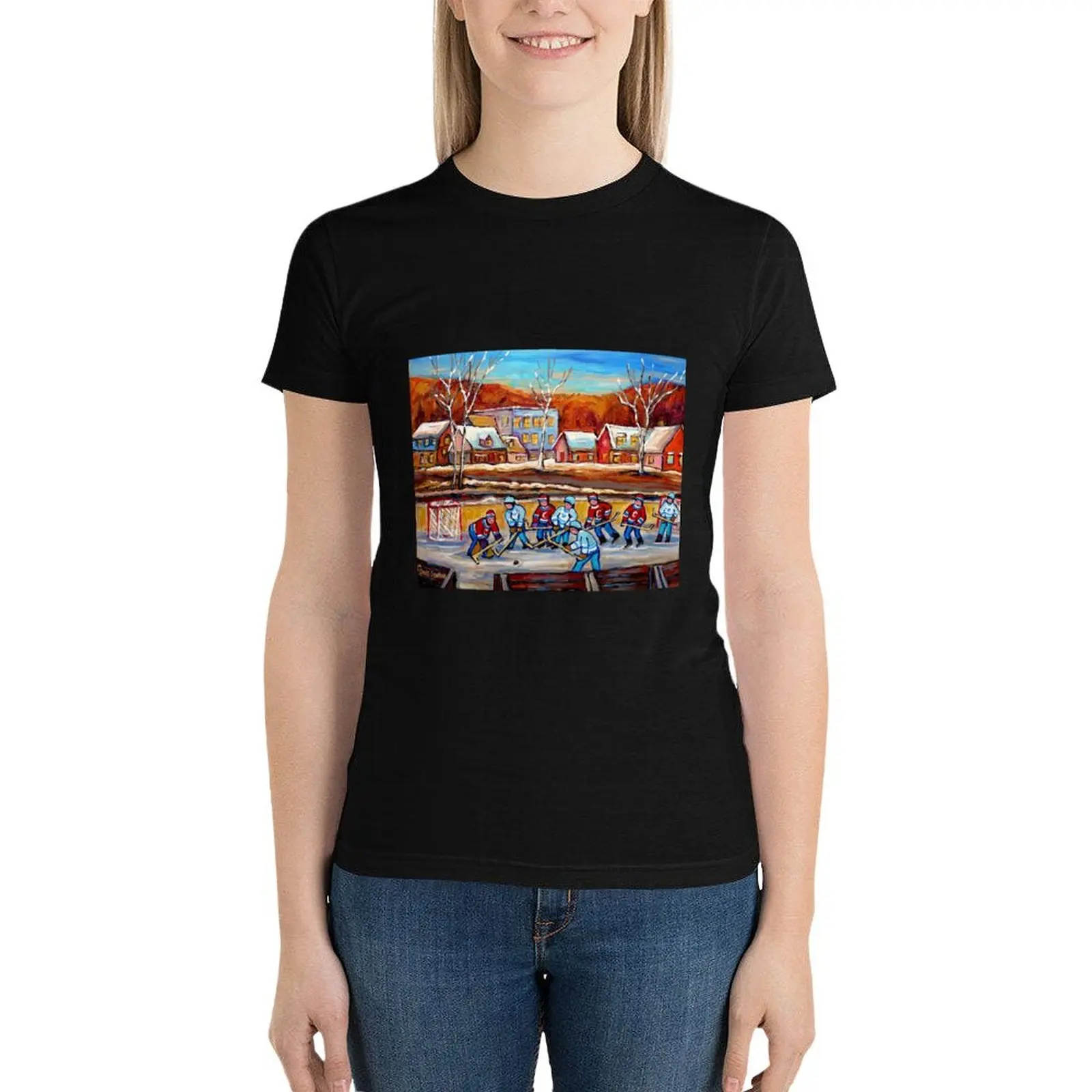 CANADIAN SCENERY POND HOCKEY ART PAINTINGS OF CANADA CAROLE SPANDAU T-Shirt cute tops vintage clothes cute clothes t shirt Women