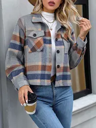 European and American Cross-Border 2024 Winter New Product Lapel Flap Pocket Pants Fashion Casual Short Women's Plaid Jacket