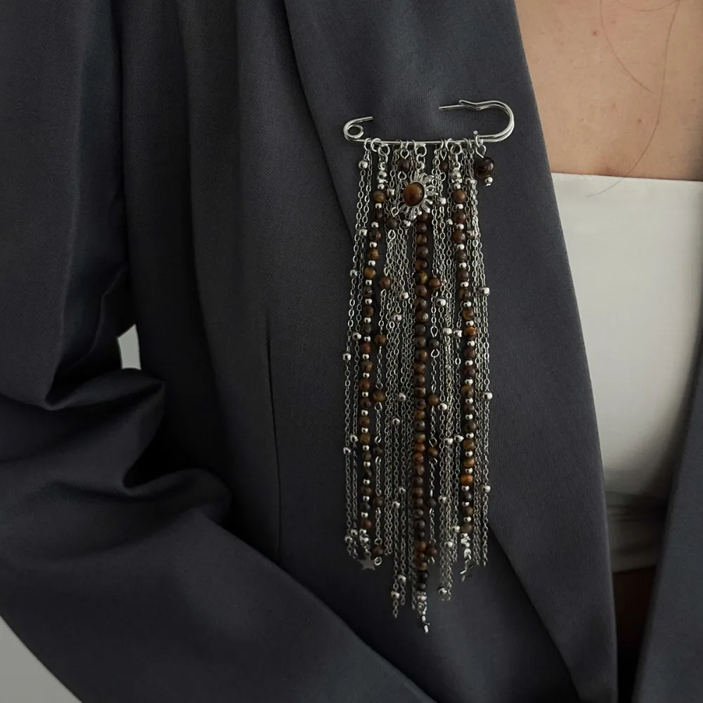 Retro Sun Stars Tiger-eye Stone Bead Multi-layer Chain Tassel Brooches for Women Hip-hop Fashion Suit Coat Decor Jewelry Gifts