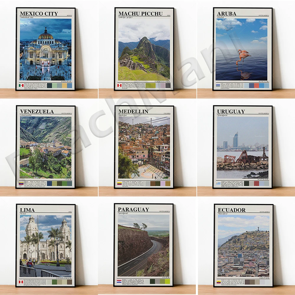 ملصقات السفر لـ Machu Picchu، Medellin كولومبيا، مدينة المكسيك، Trinidad and Tobago، أوروغواي، فنزويلا، باراغواي، الإكوادور