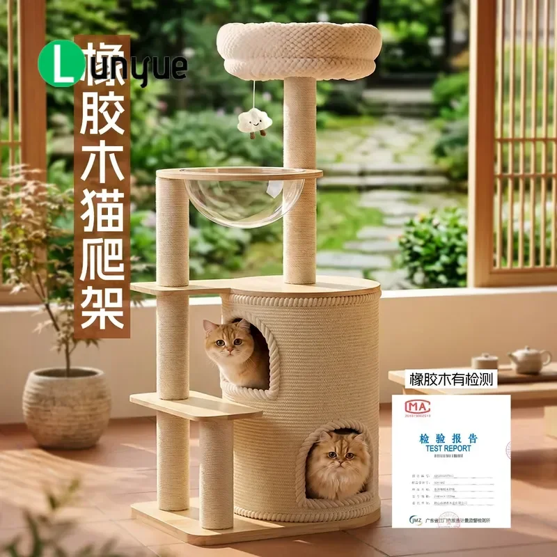 Solid Wood Cat Climbing Frame Sisal Scratching Board Capsule Nest Space Saving Integrated Furniture for Small Apartments