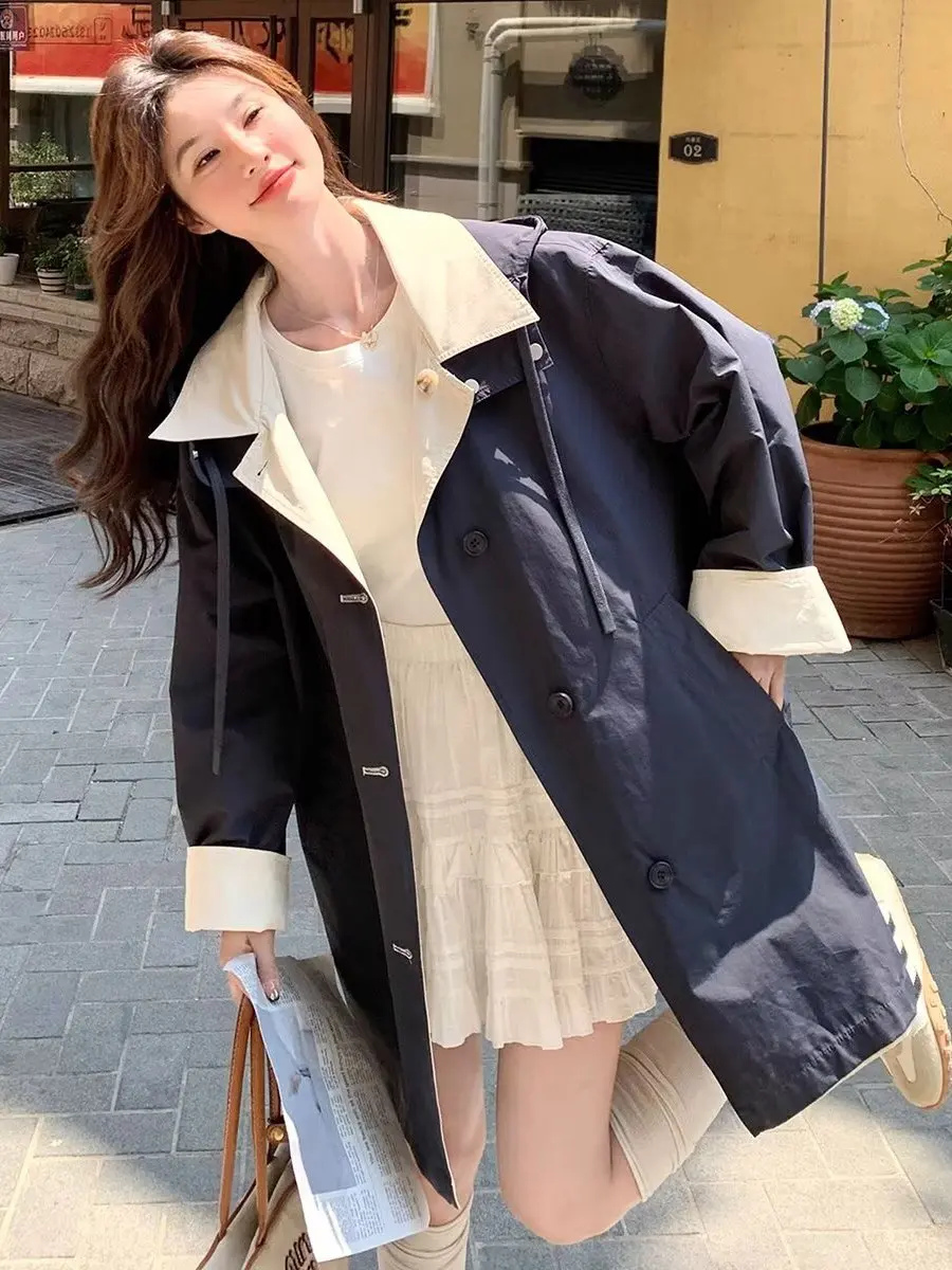 الرجعية بريتي Sle مقنعين Jaet المرأة ربيع الخريف عادية فضفاض على الوجهين ارتداء سترة واقية معطف ملابس خارجية مريحة
