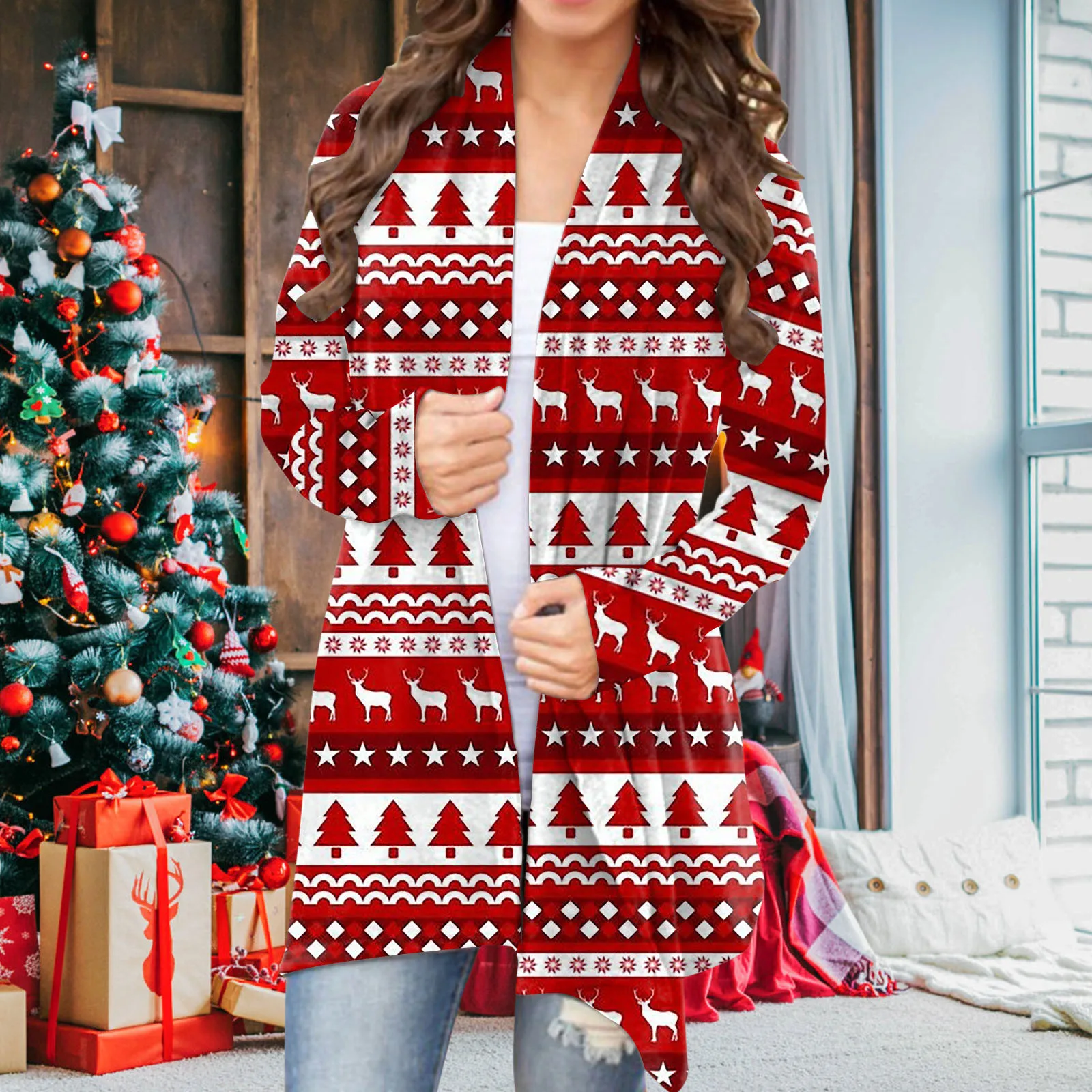 Niedliche Cartoon Santa Claus Casual Print Strickjacke für Frauen Herbst Mode Langarm 2024 Weihnachten lose Straße Outwear Jacken