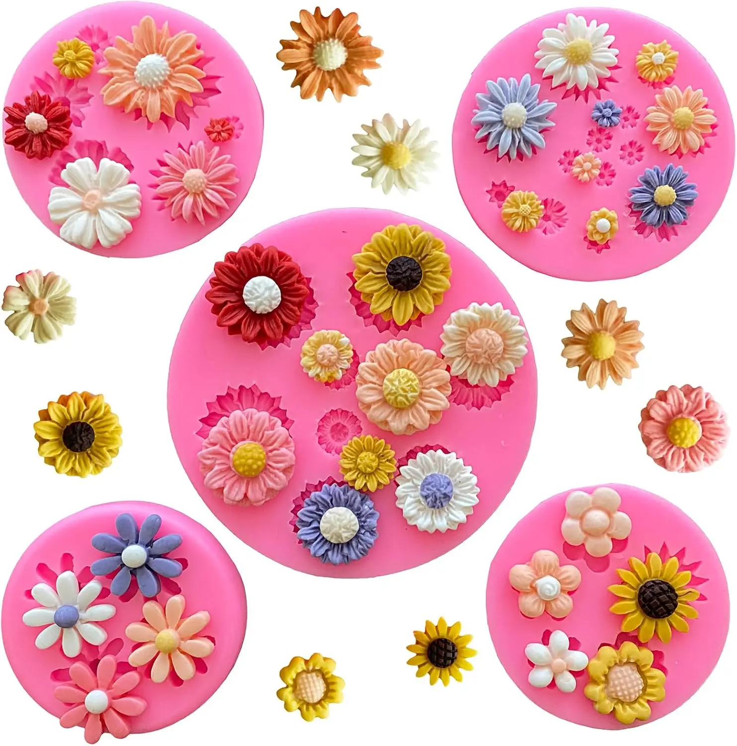 

5Pcs Daisy Flower Molds Silicone Small Flower Chocolate Molds Sunflower Fondant Cake Candy Soap Ice Cube Mold for Baking