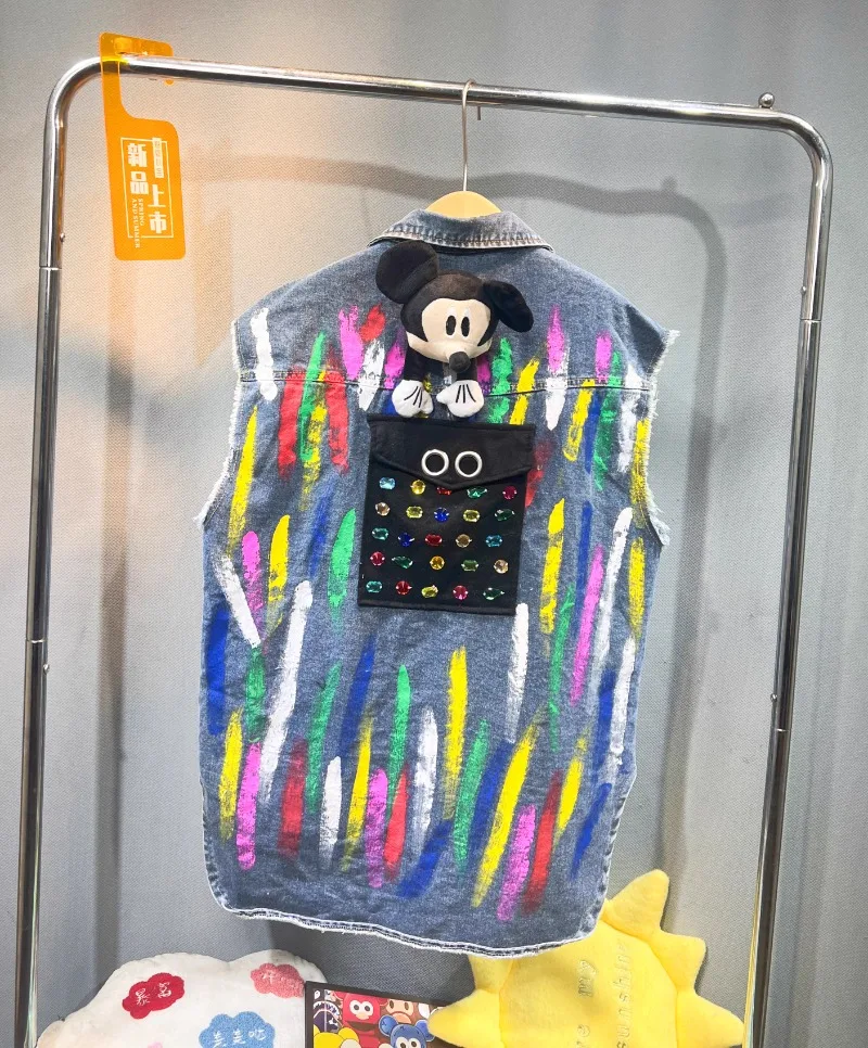 Popular Design Cartoon Beaded Sequins Graffiti Heavy Industry Denim Jacket Medium And Long New Autumn Loose Top Sleeveless Vest