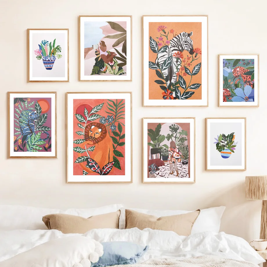 Tiere Tiger Zebra Leopard Voll Geblasen Blume Wand Kunst Leinwand Malerei Marokkanischen Mädchen Nordic Poster Für Wohnzimmer Wohnkultur