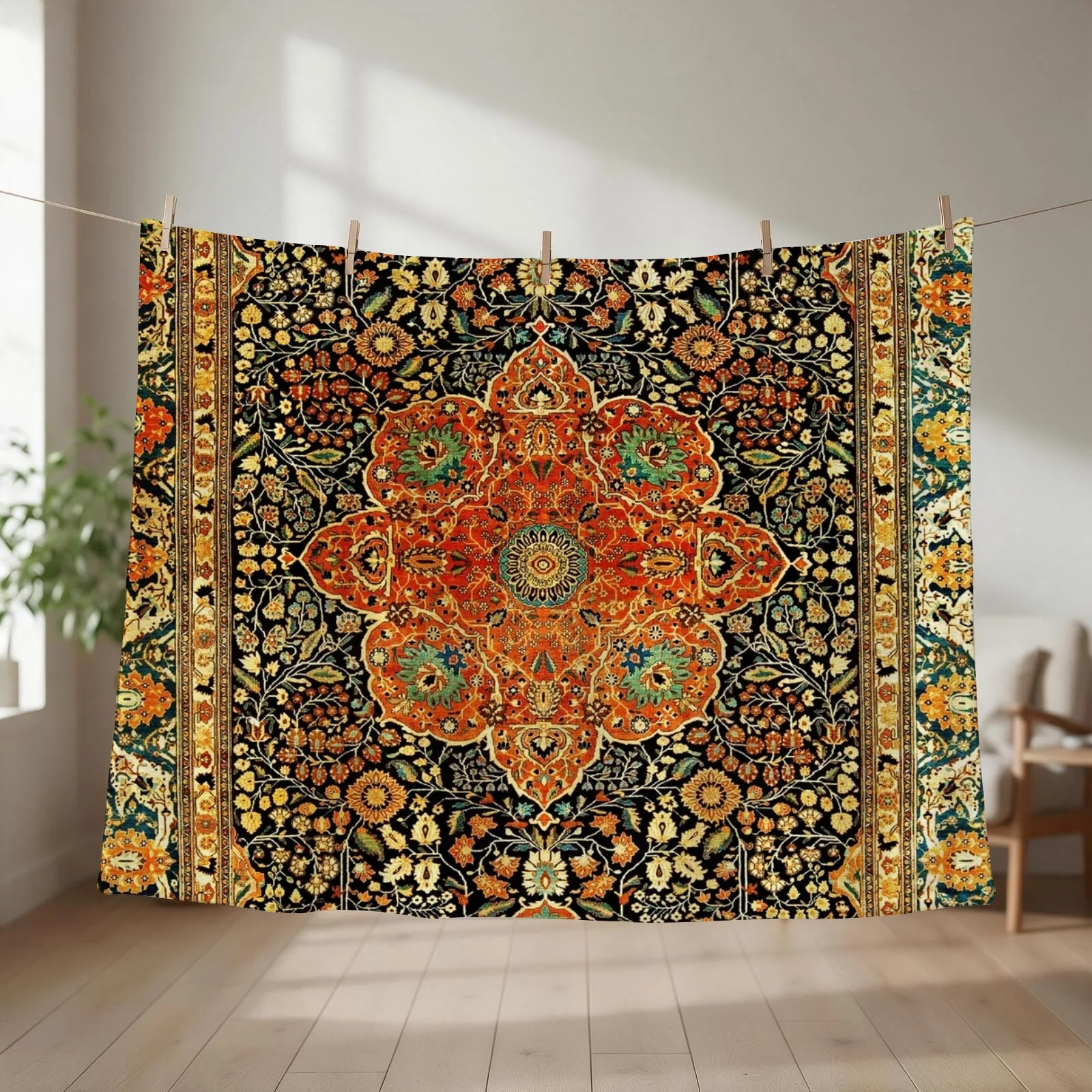 Antique Persian Mohtashem Kashan Rug Print Throw Blanket couch cozy soft plush fuzzy picnic outdoor blanket