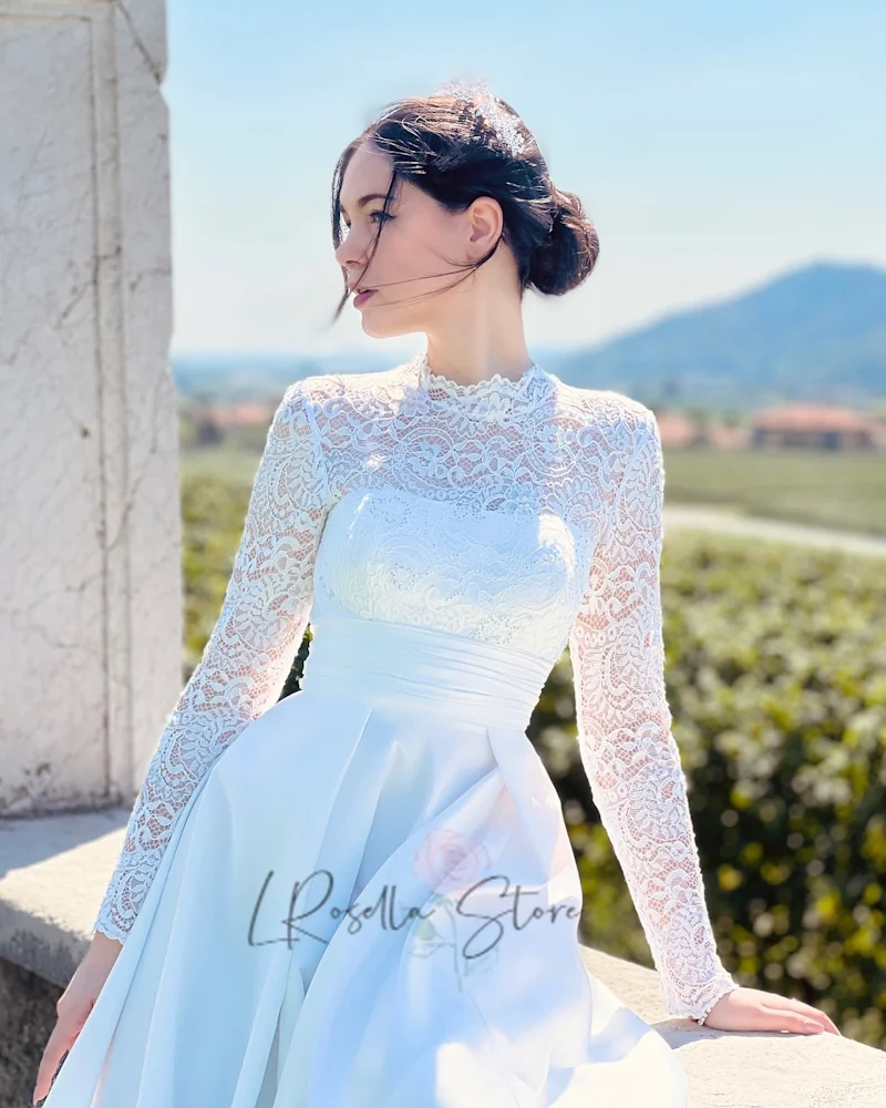 

LRosella High Neckline Lace Upper Long Sleeves 2025 Bridal Gown Customized A-line Court Train Wedding Dresses
