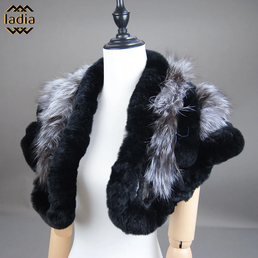 2023 New Winter Women Genuine Fox Fur Scarf With Real Rex Rabbit Fur Collar Scarves Warm Neck Warmers Silver Fox Capes Scarf