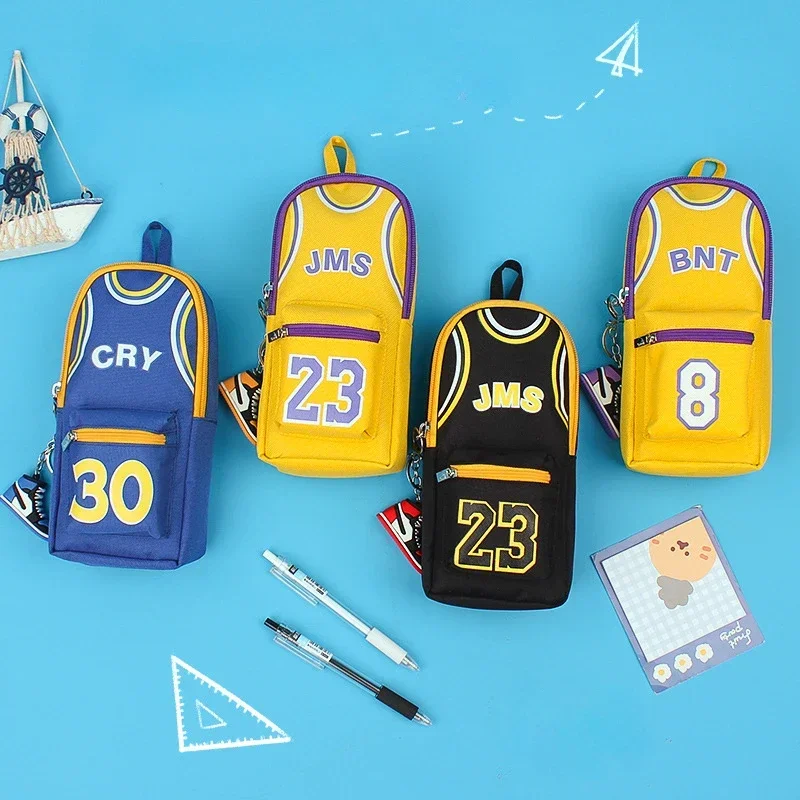 Estuche para lápices con tema de baloncesto de gran capacidad con doble capa, estuche de lona para estudiantes, lindos bolsas para lápices