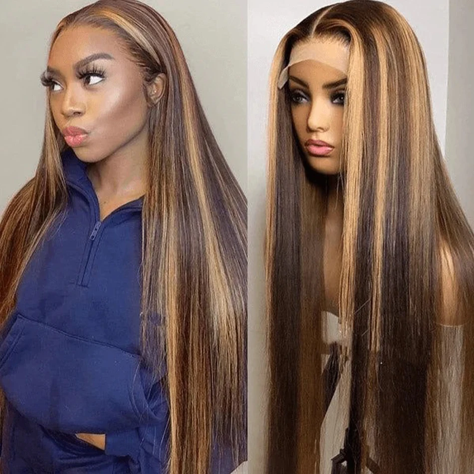 

30 32 Inch Straight Highlight Lace Front Human Hair Remy 13x4 Lace Frontal Wigs 4/27 Ombre Honey Blonde Colored Wigs For Women